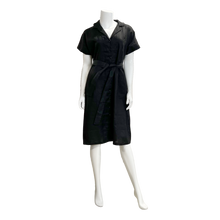 Load image into Gallery viewer, Black linen button down dress with short sleeves , pockets and removable belt
