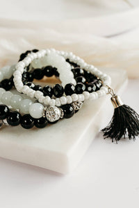 BB- Handmade Set of  Beaded Stretch Stacking Bracelets/ Black &White