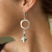 Load image into Gallery viewer, SB Earring with Hammered Ring and Heart Charms, Silver Plate