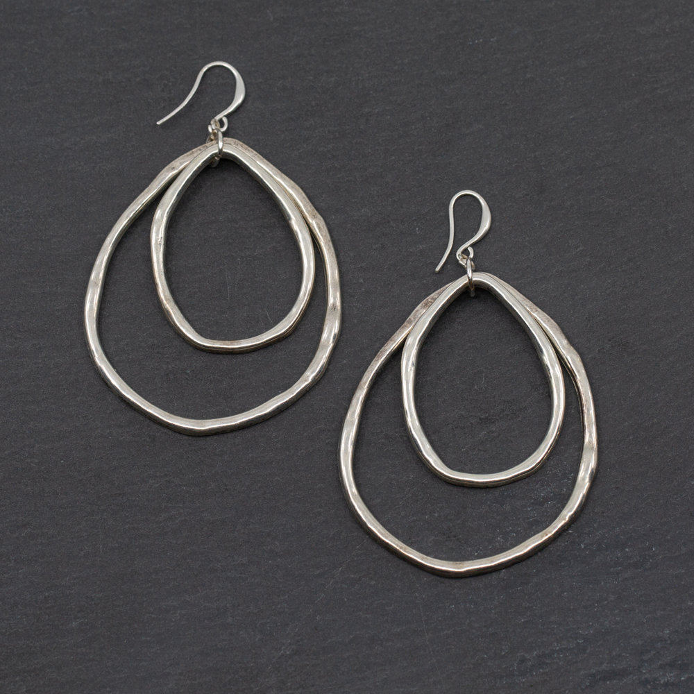 SB Double Oval Ring Earrings, Silver Plate