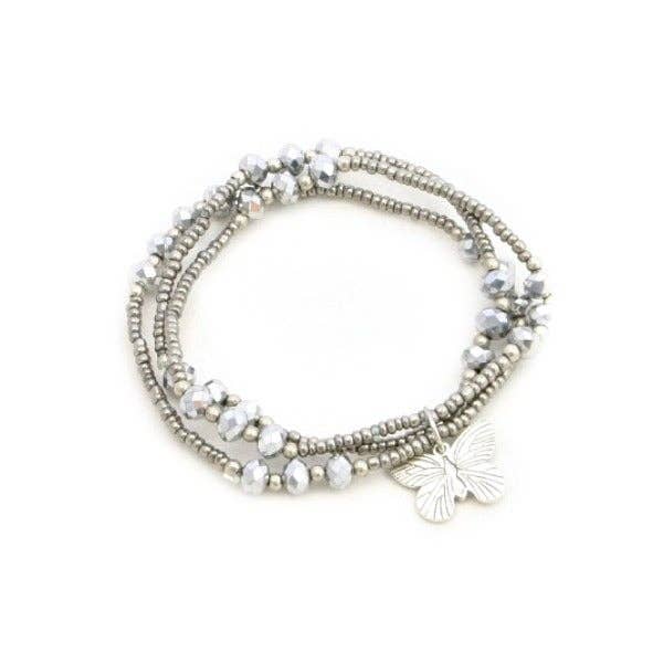 SB Triple Strand Crystal Bead Bracelet With Charms: Butterfly