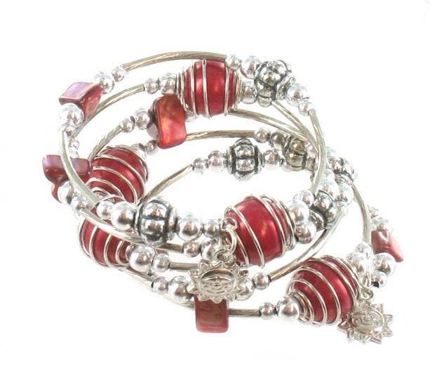 SB Spiral Wrapped Pearl Bead Bracelet: Red