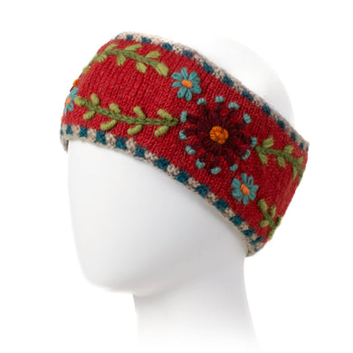 Abigail Headband – Embroidered Wool Ear Warmer: Aurora Red