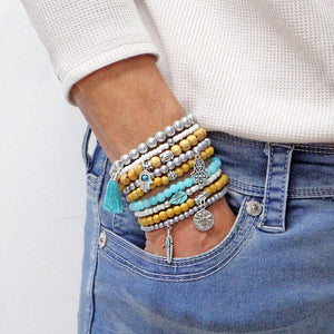 BB- Handmade Set of  Beaded Stretch Stacking Bracelets/Turquoise/Yellow/Grey