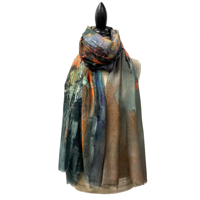 Elegant Wool Silk Blend Watercolor Scarf