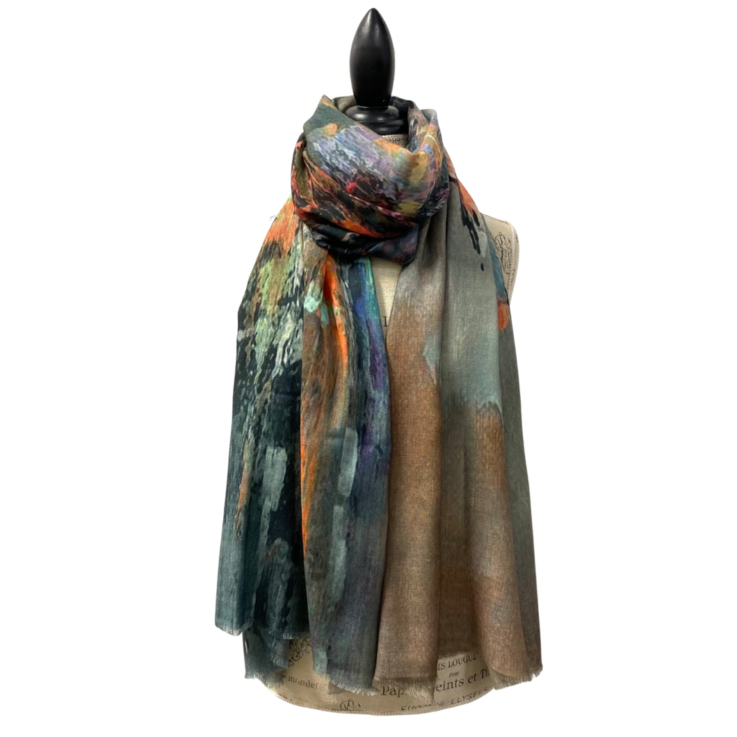 Elegant Wool Silk Blend Watercolor Scarf