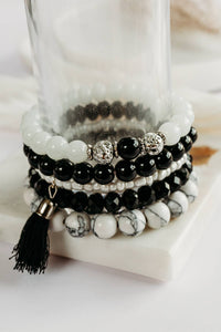 BB- Handmade Set of  Beaded Stretch Stacking Bracelets/ Black &White