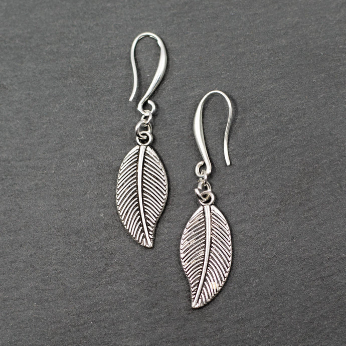 SB  Leaf Charm Earrings, Silver Plate