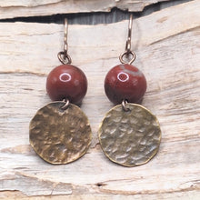 Load image into Gallery viewer, Hammered Bronze Disc Earrings with Red Jasper Stones