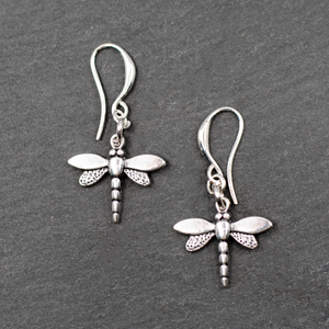 SB Dragonfly Charm Earrings, Silver Plate