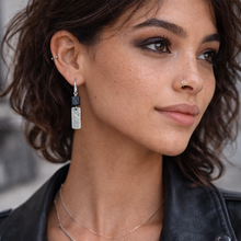 Load image into Gallery viewer, Hammered Silver &amp; Lava Stone Modern Drop Earrings