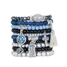 Load image into Gallery viewer, BB- Handmade Set of Beaded Stretch Stacking Bracelets in Black and Blues