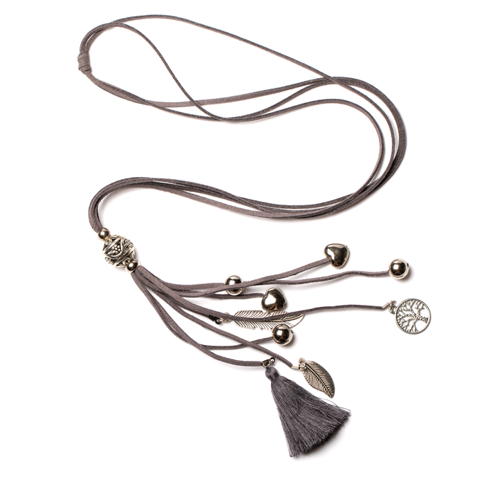 SB Suede Necklace With Tassel & Charms: Grey