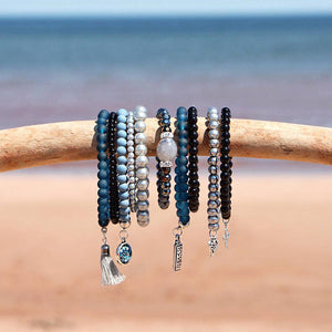 BB- Handmade Set of Beaded Stretch Stacking Bracelets in Black and Blues