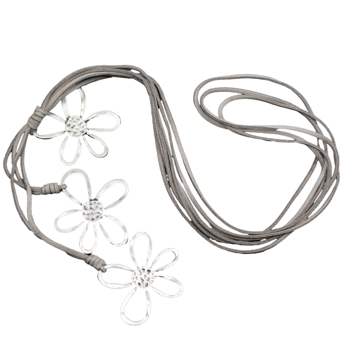 SB Silver Plate Triple Flower Necklace on Suede: Grey Suede