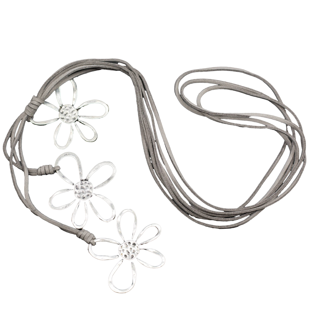 SB Silver Plate Triple Flower Necklace on Suede: Grey Suede