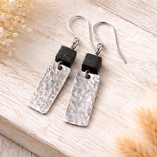 Load image into Gallery viewer, Hammered Silver &amp; Lava Stone Modern Drop Earrings