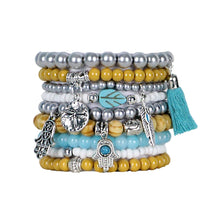 Load image into Gallery viewer, BB- Handmade Set of  Beaded Stretch Stacking Bracelets/Turquoise/Yellow/Grey