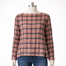 Load image into Gallery viewer, Kristie Split Hem Crinkle Plaid Top, Cognac