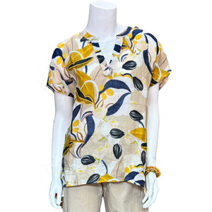 Serena Short Sleeve Linen Shirt  Beige/yellow/blue