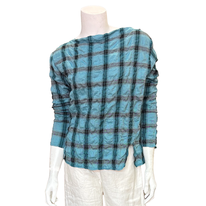 Kristie Split Hem Crinkle Plaid Top, Blue