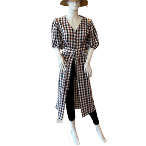 Katie Linen/Cotton Gingham Midi Dress with Pockets