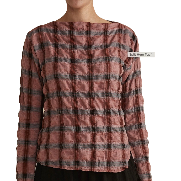 Kristie Split Hem Crinkle Plaid Top, Cognac