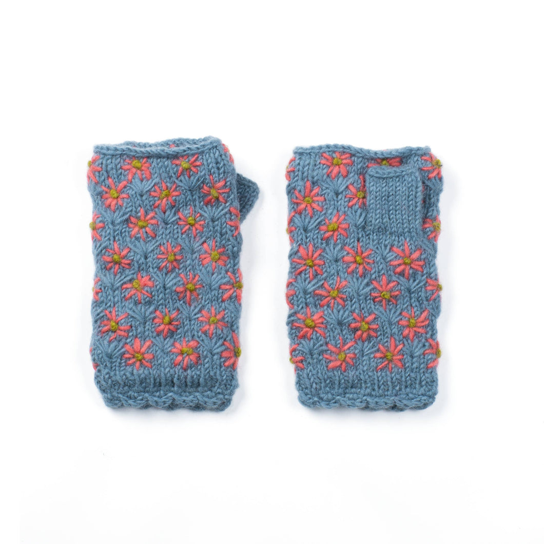 Anaya Handwarmers–Wool Knit with Floral Embroidery : Faded Denim