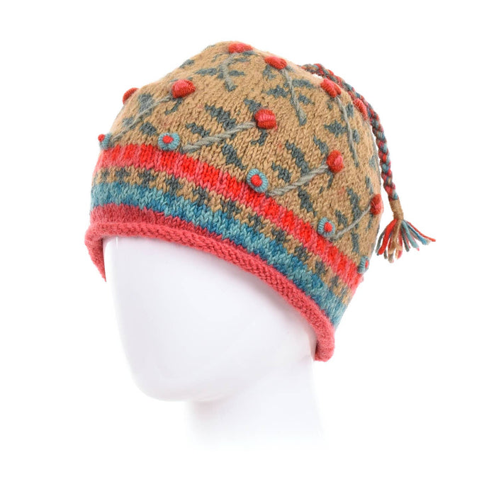 Verbier Floral Wool Beanie Hat with Embroidery: Sand