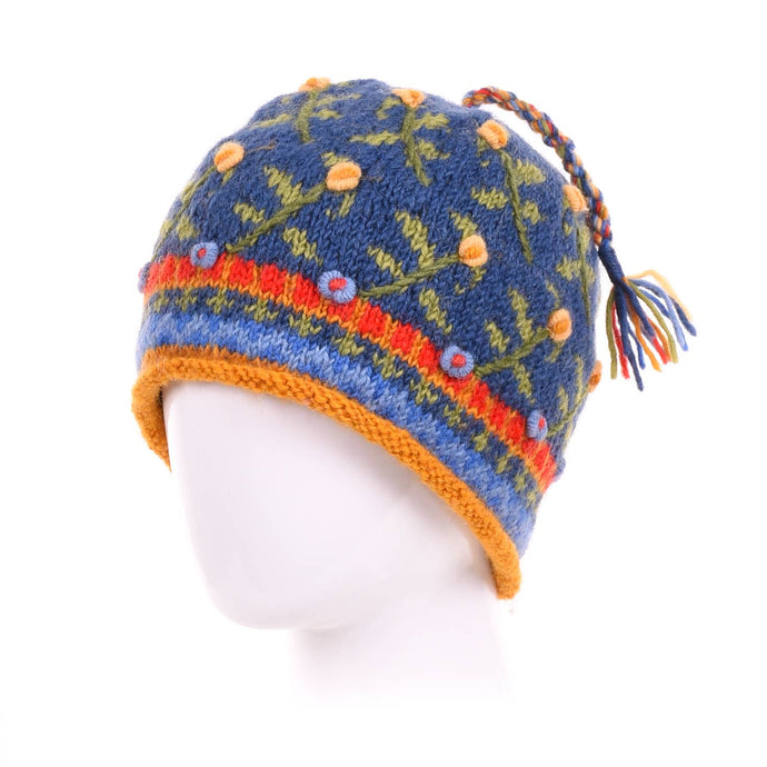 Verbier Floral Wool Beanie Hat with Embroidery: Denim