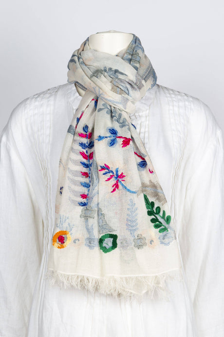 Cleo Embroidered Scarf/Wrap Grey