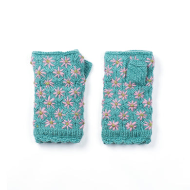 Anaya Handwarmers–Wool Knit with Floral Embroidery : Mint