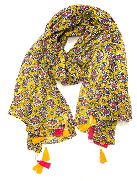 Multi Tassel Cotton Scarf Mustard: Mustard