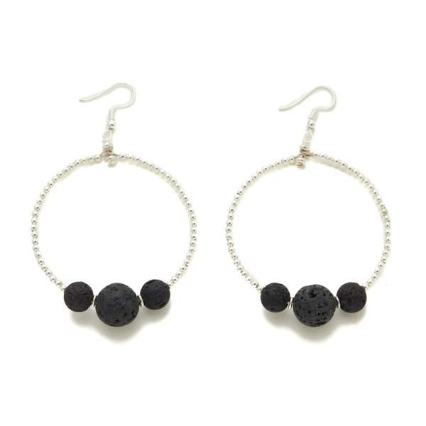 Lava Stone & Silver Plate Triple Ball Hoop Earrings