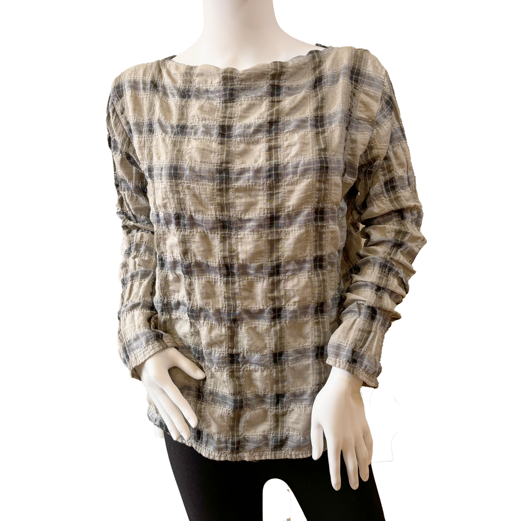 Kristie Split Hem Crinkle Plaid Top, Mushroom