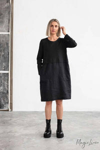 Robyn Knit Top Linen Dress:Black