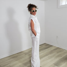 Load image into Gallery viewer, White linen blouse with cap sleeves and patch pocket. Made in Canada  Edit alt text