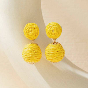 Yellow Rattan  pom pom earrings