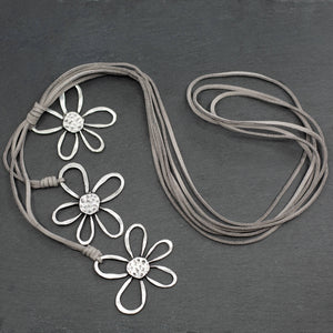 SB Silver Plate Triple Flower Necklace on Suede: Grey Suede