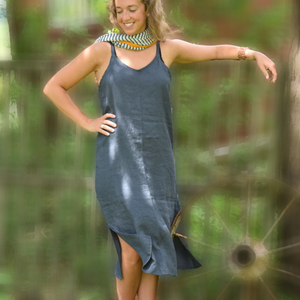 Linen midi slip dress with side slits