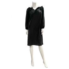 Load image into Gallery viewer, Black linen long sleeve dress with drawstring neck and pockets