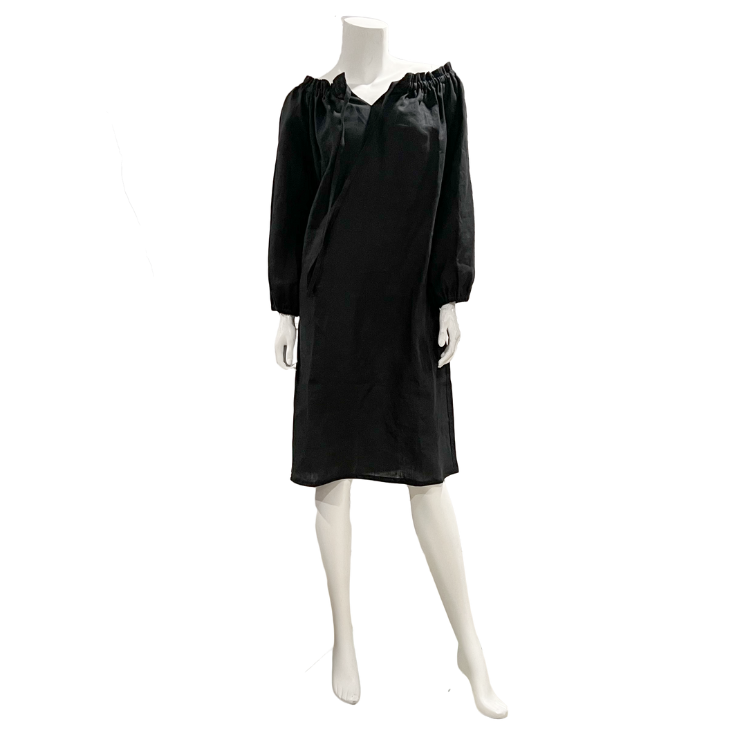 Black linen long sleeve dress with drawstring neck and pockets