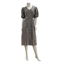 Load image into Gallery viewer, gingham print linen/cotton midi dress with pockets and balloon sleeve