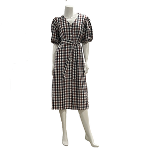 gingham print linen/cotton midi dress with pockets and balloon sleeve
