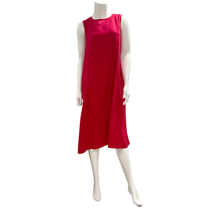 Red, sleeveless linen midi dress with pockets