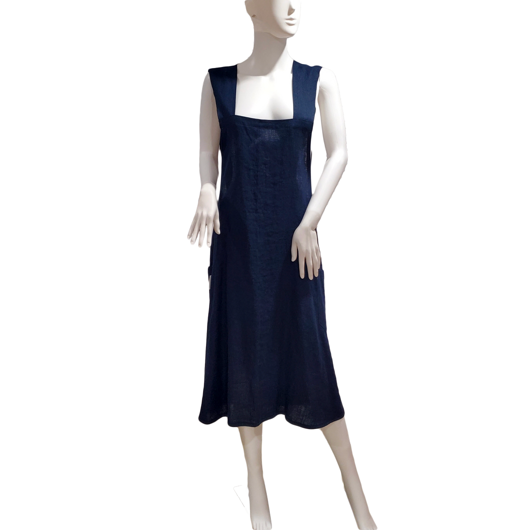 Japanese Apron/Tunic in Navy Stone Washed Linen