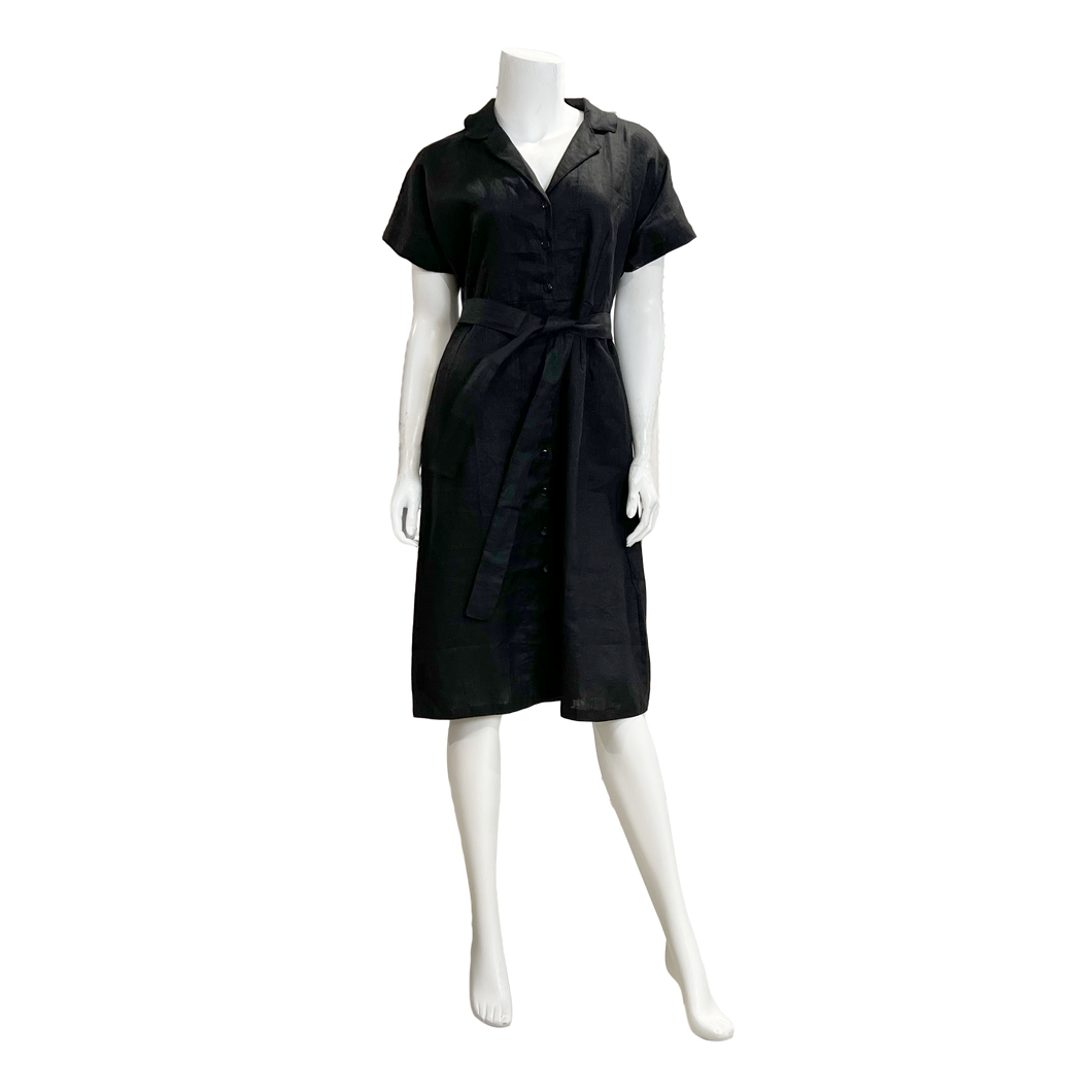 Black linen button down dress with short sleeves , pockets and removable belt